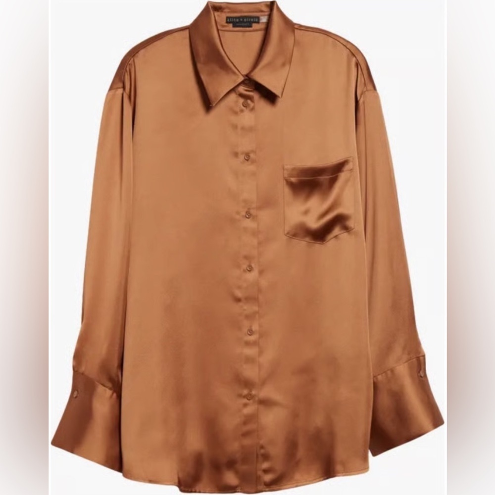 Alice + Olivia Finley Utility Oversized Copper Satin Blouse NWT - Picture 7 of 15